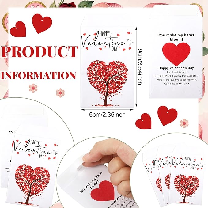 Ctosree 24 Sets Valentine's Day Gifts Bulk Heart Seed Packet Valentine's Day Party Favor for Guests with Seed Packets Flowerpot Tags Organza Bags for Galentine Valentines Exchange Gifts
