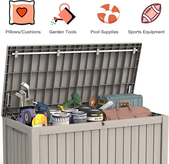 Mars Villa 120 Gallon Outdoor Storage Box, Resin Deck Box Waterproof for Patio Furniture Cushions, Pool Supplies, Gardening Tools, Weatherproof and UV Resistant, Greige