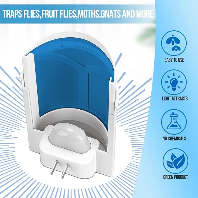 2 Pack Flying Insect Traps for Indoor, Plug-in Bug Catcher for Flies, Fruit Flies, Gnats, Moths, Noiseless for Home, 30-Day Glue Card Replaced (2 Devices & 8 Refills)