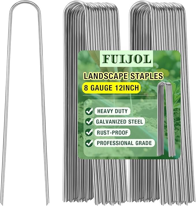8 Gauge Landscape Staples, FUIJOL 12 Inch 15 25 50 100 Pack Heavy Duty U-Shaped Landscape Stakes, Galvanized Garden Staples for Weed Barrier Stakes, Ground Cover, Irrigation Tubing, Fence (25,12 Inch)