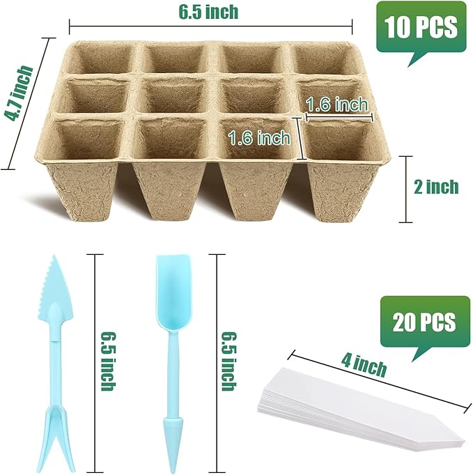 10 Pack Peat Pots, 120 Cells Biodegradable Seedling Starter Trays, Peat Pots for seedlings, Seed Starter Kit for Planting Seeds with 20 Plant Labels for Indoor Outdoor Garden