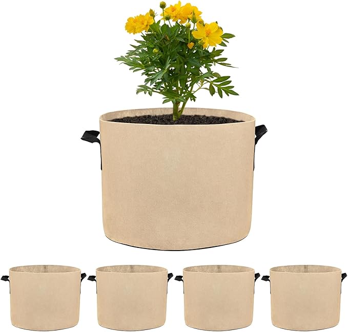 M METERXITY 5-Pack Plant Grow Bags 5 Gallon Grow Bags 300G Thickened Fabric Pots with Durable Handles Plant Garden Grow Pots for Fruits/Vegetables/Flowers/Plants [Khaki]