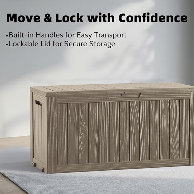 90 Gallon Deck Box Outdoor Storage Box Waterproof for Patio Furniture,Outdoor Cushions,Garden Tools and Pool Supplies,Lockable, Resin and Easy to Install Grey