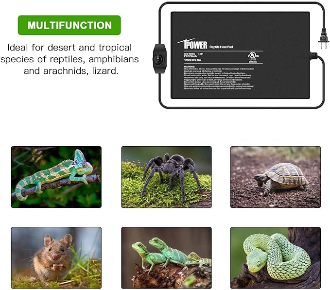 iPower 8 by 12 Inch Reptile Heating Pad with Temperature Adjustable Controller Knob, Under Tank Warmer Terrarium Heat Mat for Reptiles and Amphibians