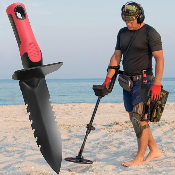 Metal Detecting Shovel with Carry Sheath, Heavy Duty Double Serrated Edge Metal Detector Digging Tool, Digger Trowel with Non-Slip Handle, for Metal Detection Gardening