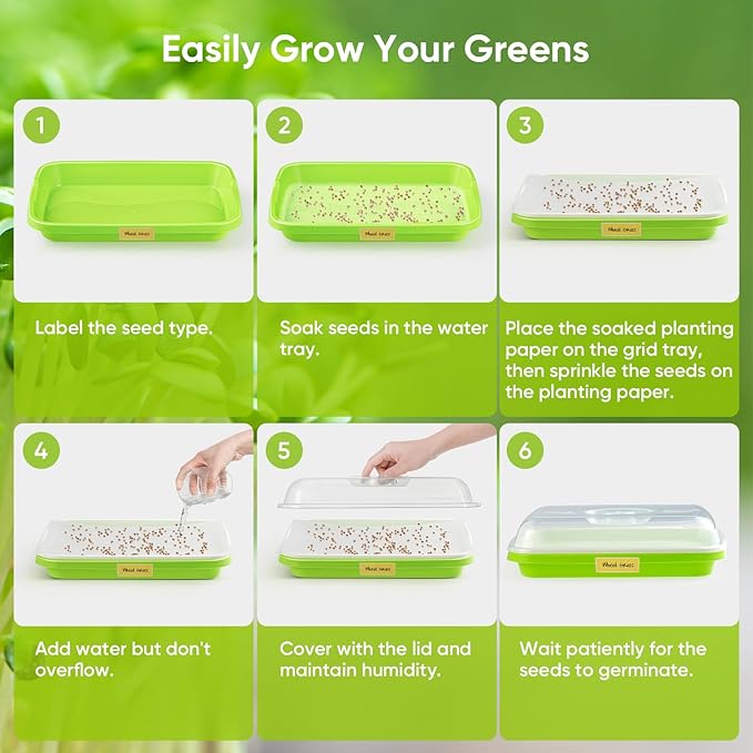 12 Pack Green Seed Sprouter Trays with Lid, Soil-Free Cultivation Germination Tray, Fodder Sprouting Trays Nursery Tray with Planting Paper for Indoors Outdoors