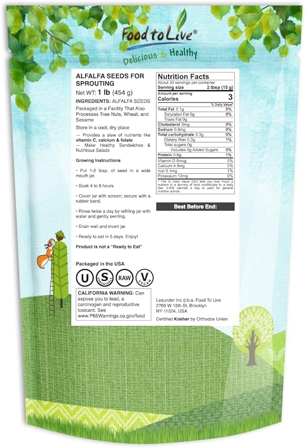 Food to Live Alfalfa Seeds for Sprouting, 1 Pound – Edible Seeds, Pure, Vegan, Kosher, Bulk. Rich in Vitamin K & C. High Germitation Rate. Grow Sprouts, and Microgreens for Salad, Sandwiches, Rolls.