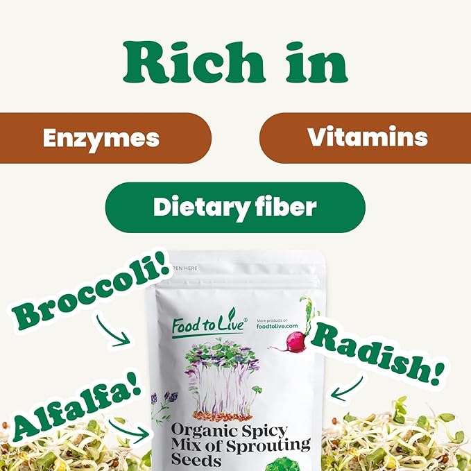 Food to Live Organic Spicy Mix of Sprouting Seeds, 3 Pounds — Non-GMO Broccoli, Radish, Alfalfa, Raw, Rich Germination Rate, Non-Irradiated, Pure, Kosher, Vegan Superfood, Bulk, Rich in Sulforaphane