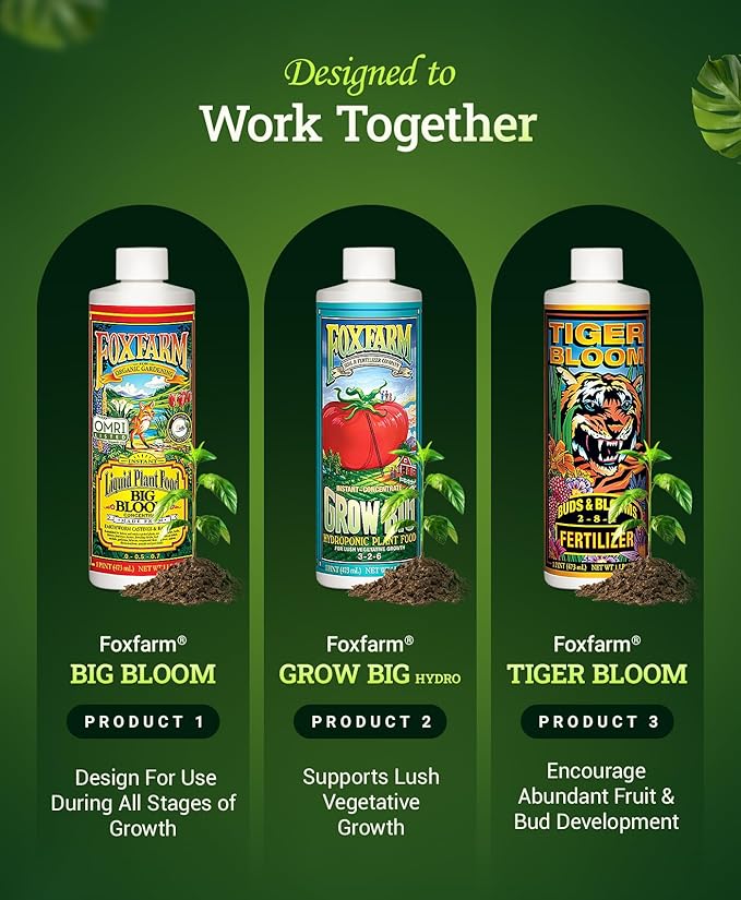 FoxFarm Hydro Liquid Trio Pack - Big Bloom, Grow Big, Tiger Bloom Fertilizers for Vigorous Plant Growth, Bud Development & Abundant Fruit - Complete Hydroponic Plant Food Set - 3 Quart Bottles