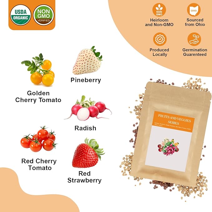 Strawberry and Pineberry Seed Pod Kit for AeroGarden, Ahopegarden with Red Strawberry, Radish, Pineberry, Red Heirloom/Golden Harvest Cherry Tomato - Hydroponics Supplies for Most Brand (7-pod)