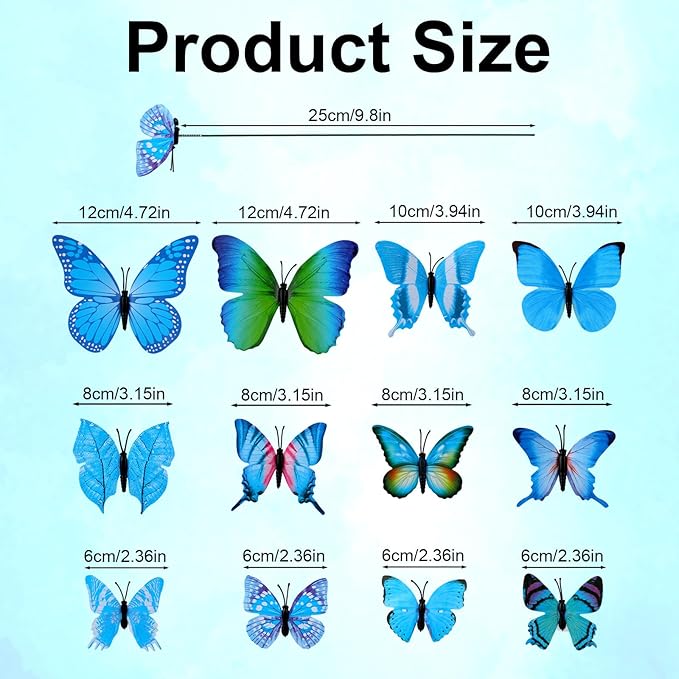 12pcs Decorative Butterfly Plant Stakes, 9.8in Lifelike Butterfly Garden Stakes PVC Waterproof Flower Pot Decorations for Garden Lawn Patio Indoor Outdoor Yard Planter Art Decor (Blue)
