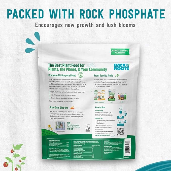 Back to The Roots All-Purpose Plant Food - Organic, Sustainably-Made for Indoor Plants with Kelp and Alfalfa Meal, Mycorrhizae, and Rock Phosphate Minerals - 1.5 lb Premium Blend