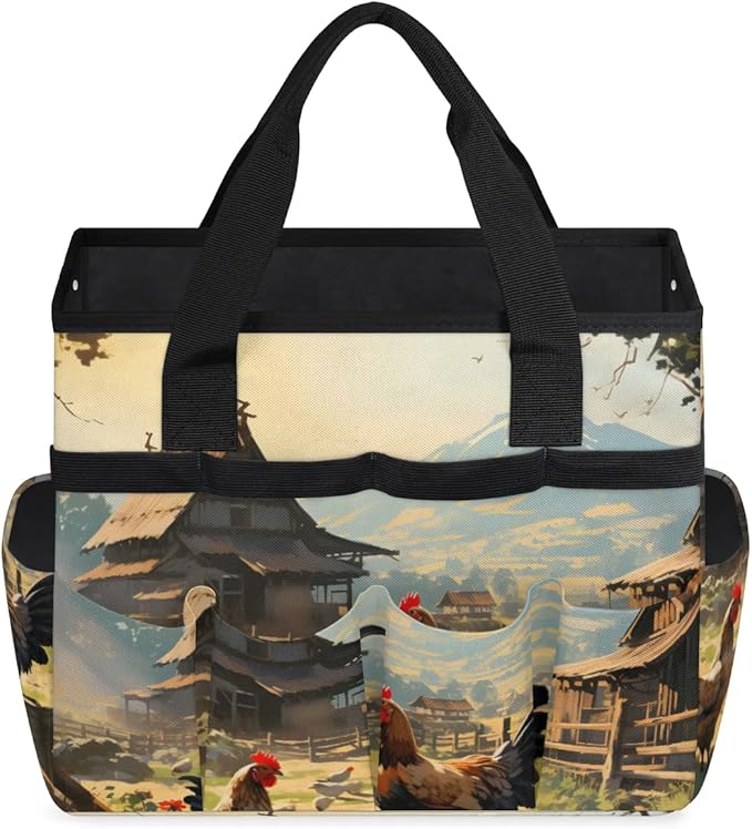 Garden Tool Bag Organizer Garden Tote Bag with Pockets Courtyard Rooster Animal Tool Storage Organizer Gardening Tool Kit Holder 13" x 6.8" x 2.8"