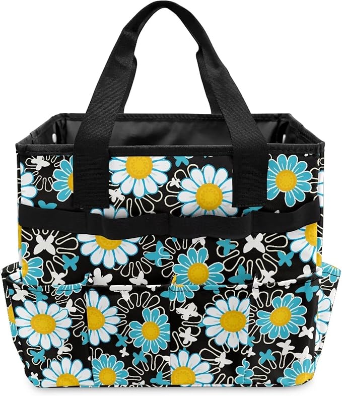 Daisy Print Garden Tool Bag Portable Gardening Tool Organizer Bag with 10 Pockets and Handle Tool Carrier and Storage for Garden Lawn Yard Casual Camp