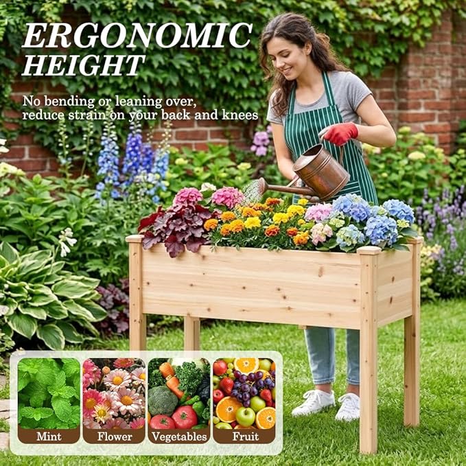 Raised Garden Bed with Legs, 40x24x30 inch Wood Elevated Planter with Protective Liner for Vegetable Flower Herb, Outdoor Planter Box Kit for Balcony Patio Backyard, Natural