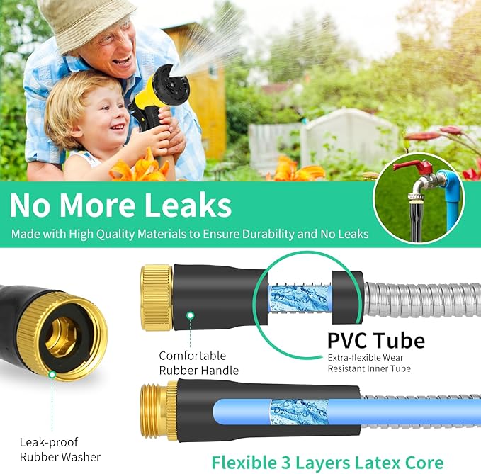 50ft Water Hose, Heavy Duty Stainless Steel Garden Hose with 10 Function Nozzle, Lightweight Metal Hose, No Kink, Leak-proof, Puncture Resistant for Yard, Outdoor, RV