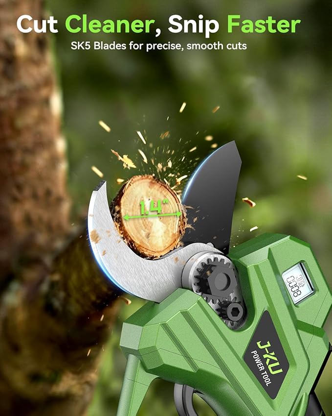 J-KU Electric Pruning Shears Cordless: 2-in-1 Electric Tree Pruner with Extension Pole, 21V 2×4000mAh Battery Powered, 1.4" Cutting Diameter, Brushless Pole Pruner Branch Cutter for Tree Trimmer