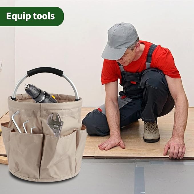 Gardening Storage Tote with Handle and 6 Pockets, Folding Garden Tool Basket, Storage Bag for Outdoor Picnic Organizer, 17L Cleaning Organizer, Bathroom Organizer, Garden Tool Kit Holder (Khaki)