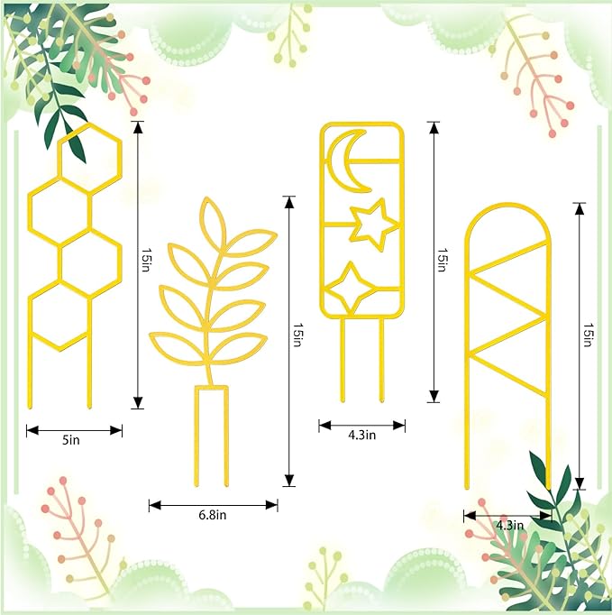 4 Pcs Indoor Plant Trellis for Climbing Plants, Small Trellis for Potted Plants, Garden Metal Trellis Plant Support Trellis with Different Patterns for Vine Ivy Flower (Unique,Gold)