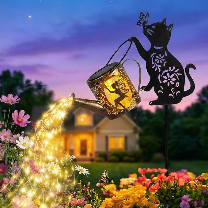 Solar Watering Can Lights with Fairy & Flowers, Outdoor Garden Decor with Cascading String Lights, Waterproof Solar Powered Hanging Lantern for Patio Yard Pathway, Gift for Mom Cat Lovers Gardeners