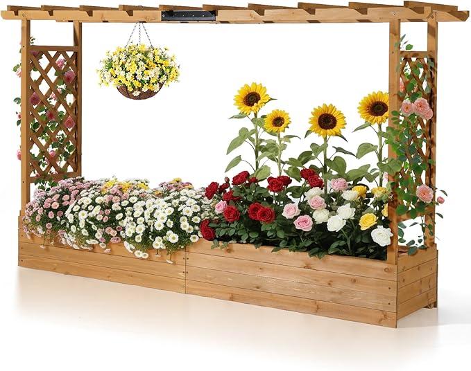 VINGLI Raised Garden Bed with Trellis & Hanging Roof, Wooden Garden Bed, Outdoor Planter Box for Yard, Garden, Balcony (Teak Color, Wider)