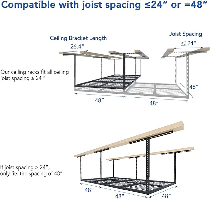 FLEXIMOUNTS 4x8 Overhead Garage Storage Rack, Adjustable Organization System, Heavy-Duty Metal Ceiling Racks, 2 Pack, Hammertone, Classic Series