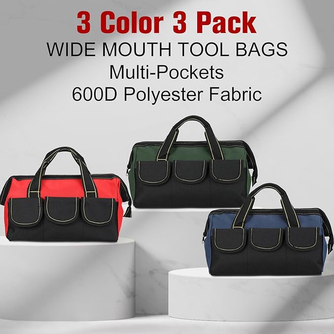 Sanwuta 3 Pack Tool Bag for Men with Waterproof Hard Bottom, Heavy Duty Tool Bag Wide Mouth Tote for Various Instrument, Electrician Carpenter Mechanic(Red, Army Green, Blue,13 Inch,Classic)