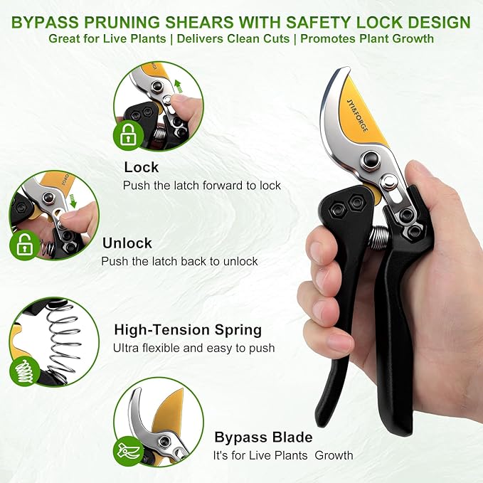 Pruning Shears for Gardening Heavy Duty Bypass Garden Shears With SK5 Steel Blade Professional Hand Pruners Clippers Sharp Scissors Tools for Weak Hands Yard Rose Flower Snip Trimming Plant Branches