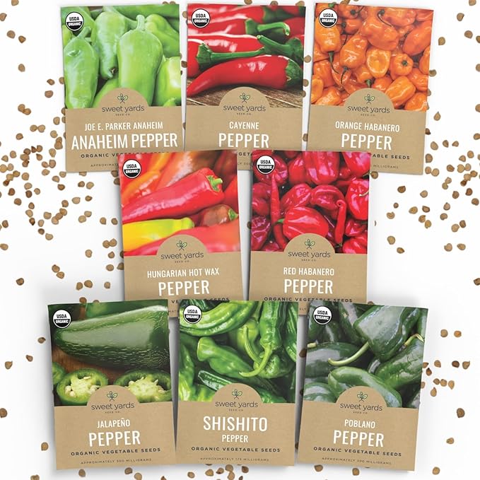 Organic Hot Pepper Seeds Variety Pack - 8 Individual Packs - 2026 Season - Habanero, Jalapeno, Cayenne, Anaheim and More! for Indoor & Outdoor Planting (Non-GMO, Certified Organic)