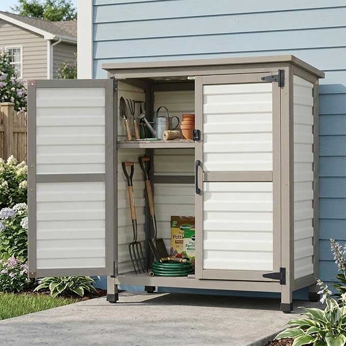 PetsCosset Outdoor Storage Cabinet with Lockable Doors, Wood & Plastic Horizontal Garden Patio Storage Box for Tools Toys Pool Accessories, Easy to Assemble, White