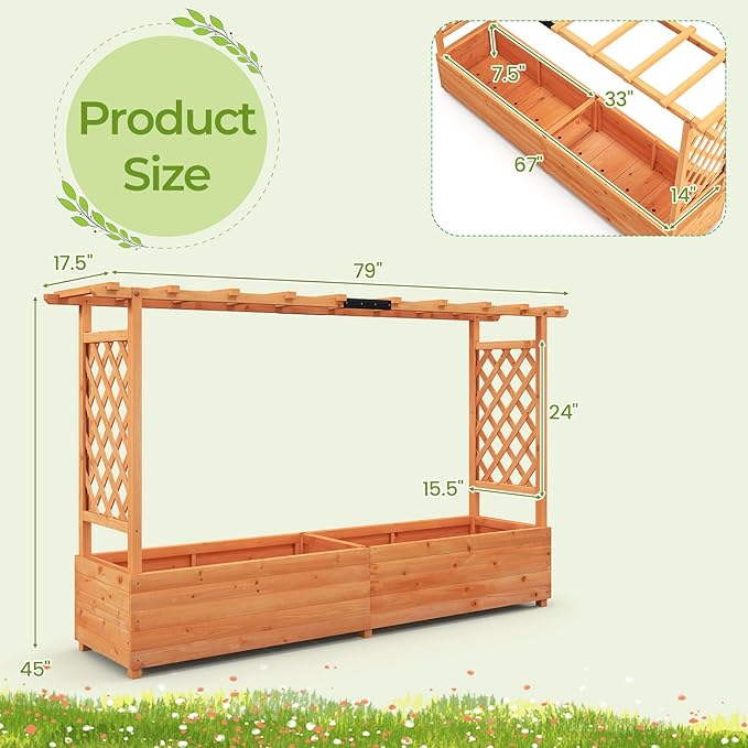 HAPPYGRILL Raised Garden Bed with Trellis, 2 Pack Freestanding Wood Planter Box w/Hanging Roof & 8 Drainage Holes for Vine Climbing Plants Flowers, Outdoor Planter with Trellis for Garden Patio Yard