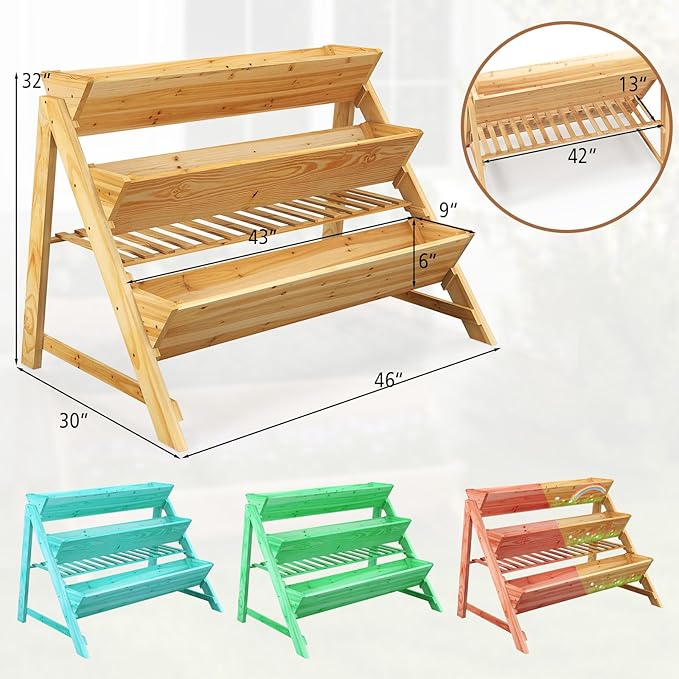 3-Tier Raised Garden Bed, Elevated Gardening Bed w/2 Side Hooks, Storage Shelf, Bed Liner, Garden Planter for Flowers, Vegetables, Herbs, Pine Wood Planter Box for Patio, Balcony, Porch