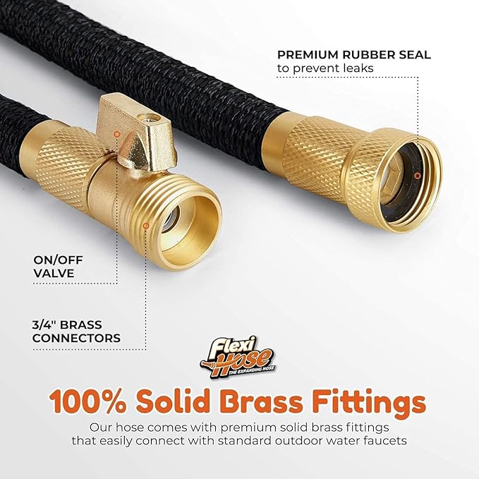 Flexi Hose Plus Expandable Garden Hose with 8 Function Nozzle, 100FT - Lightweight Retractable Garden Hose, Water Hose - No-Kink Flexibility, 3/4 Inch Solid Brass Fittings Includes Hook & Bag