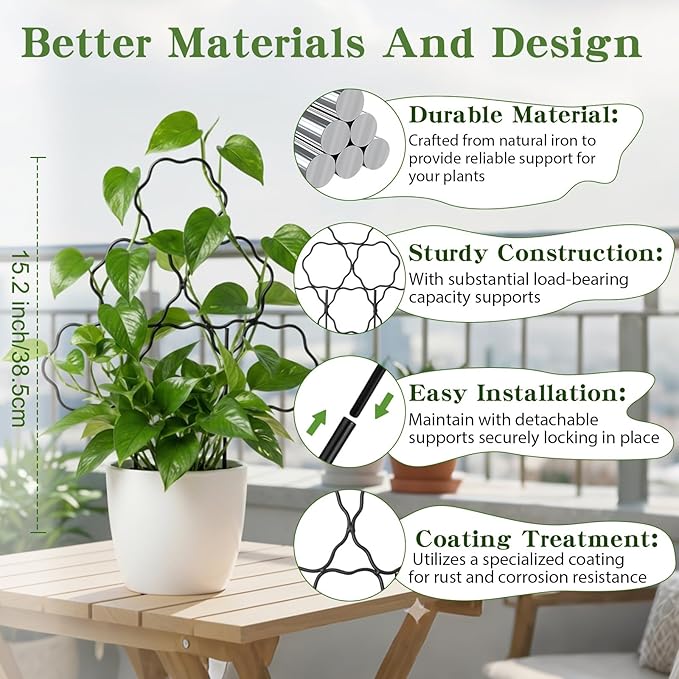 ZOUTOG 9 Pack Trellis for Climbing Plants Outdoor 15 Inch,Rustproof Metal Garden Trellis for Potted Plants,Sturdy Houseplant Support Indoor Outdoor for Ivy Pothos Monstera Hoya Flower Vine (Flower)
