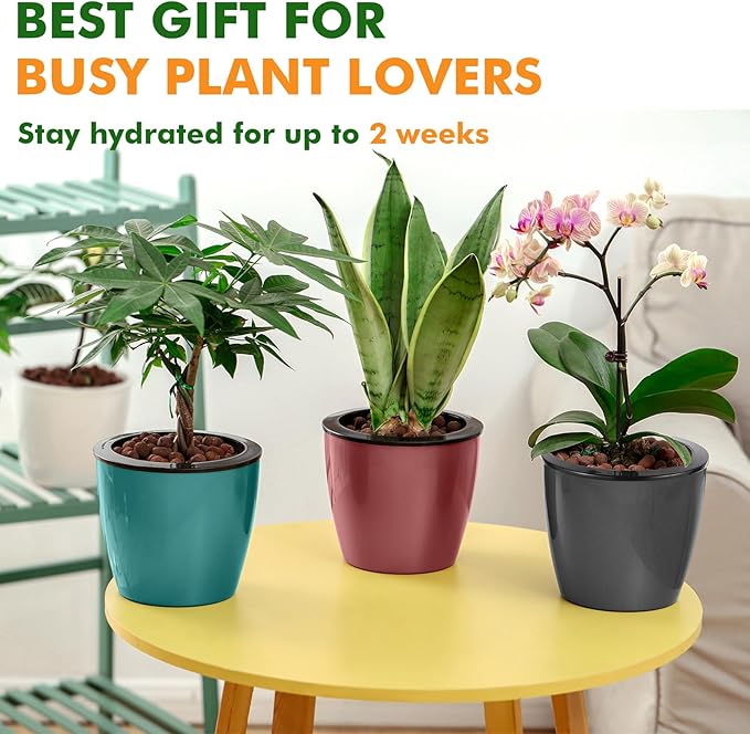 Planterhoma 5 Inch Self Watering Pots for Indoor Plants, 12 Packs African Violet Pots with Indicator, Black Wick Pot with Drainage Holes, Self Watering Planters for Orchid, Devil's Ivy, White