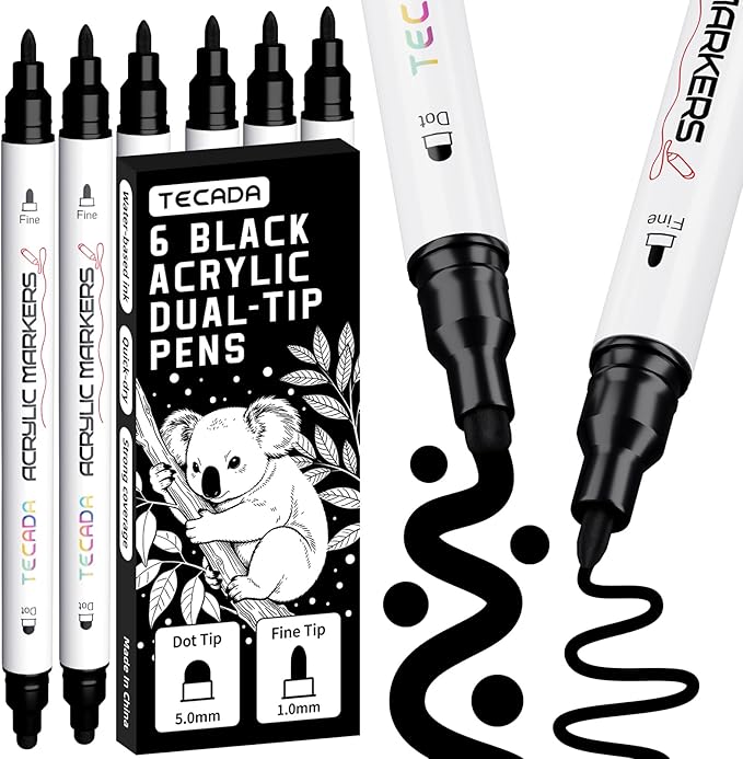 6 Black Acrylic Paint Markers, Dual-Tip Acrylic Paint Pen for Rock, Fabric, Wood, Plastic, Canvas, Ceramic, Glass, Metal, DIY Crafts Art Supplies, Dot and Fine Tips