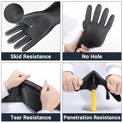 XXL 22" Black Protective Gloves for Washing Dishes, Thick Chemical Resistant Rubber Gloves Heavy Duty Safety Work Cleaning, Waterproof, Acid/Alkali/Oil Resistant, Non-Slip Diamond Grip, 1 Pair