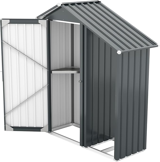 Waterproof 5'x2' Storage Shed with Open Firewood Rack, Heavy Duty 2-in-1 Lean-to Tool Storage Garden Cabinet with Internal Organizer Shelf, Lockable Door for Patio, Backyard, Lawn, Metal