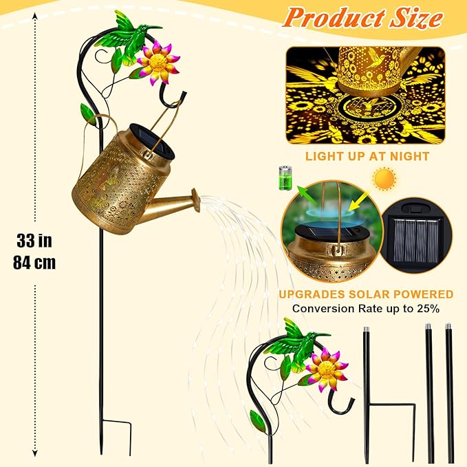 Mothers Day Gifts, Hummingbird Solar Lanterns Garden Decor, Outdoor Waterproof Watering Can with Shepherd Hook, Solar Garden Decor for Yard Outdoor Pathway, Gifts for Women Mom Grandma Birthday