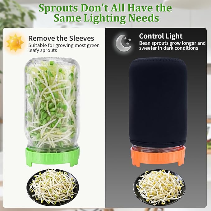 Seed Sprouting Jar Kit with Mung Beans 2.9oz, 2 Large Wide Mouth Mason Jars with Sprouting Lids, Blackout Sleeves, Drain Tray, Sprouts Growing Kit for Growing Bean, Alfalfa, Radish Sprout Seeds