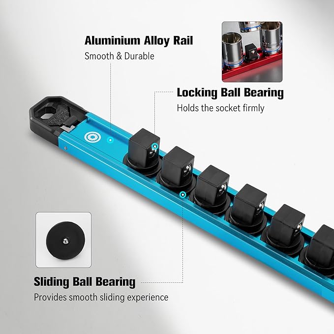 DURATECH Magnetic Socket Organizer Set, 1/4”, 3/8”, 1/2” Aluminum Alloy Socket Rail with 64 Clips, Socket Holder for Tool Box Drawer, Tool Cart and Garage Organization(6PCS)