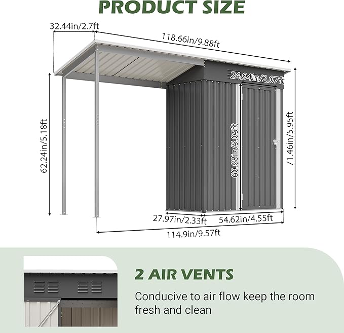 Waterproof 9.6'x2.3' Storage Shed with Gazebo Porch, Heavy Duty 2-in-1 Lean-to Tool Storage Garden House with 5'x2.3' Open Shed, Lockable Door for Patio, Backyard, Lawn, Metal, Gray