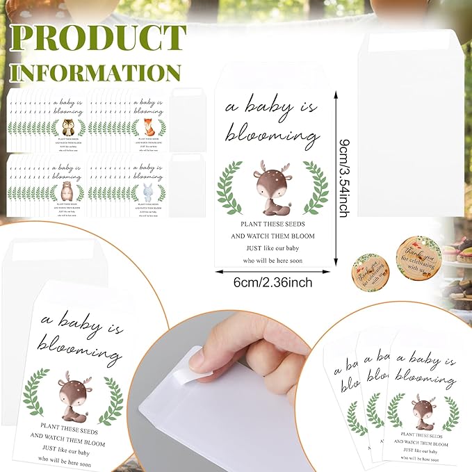 Ctosree 50 Sets Woodland Baby Shower Favors for Guests Baby Is Blooming Themed Seed Packets Include Self Adhesive Seed Packets Flowerpot Thank You Tags Organza Bags for Woodland Animal Party Favors