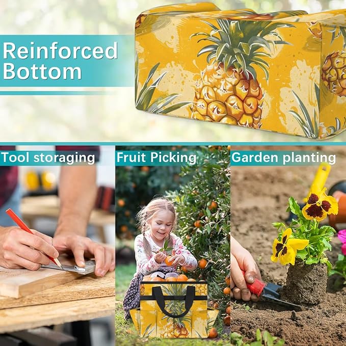 Garden Tool Bag Organizer Garden Tote Bag with Pockets Doodle Pineapple Tool Storage Organizer Gardening Tool Kit Holder 13" x 6.8" x 2.8"
