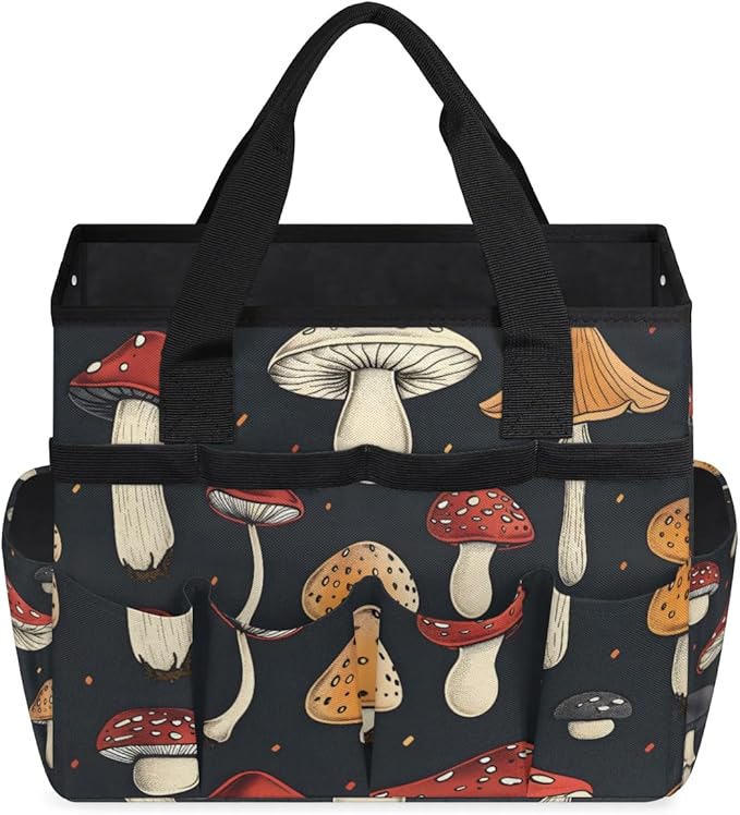Garden Tool Bag Organizer Garden Tote Bag with Pockets Black Mushroom Tool Storage Organizer Gardening Tool Kit Holder 13" x 6.8" x 2.8"