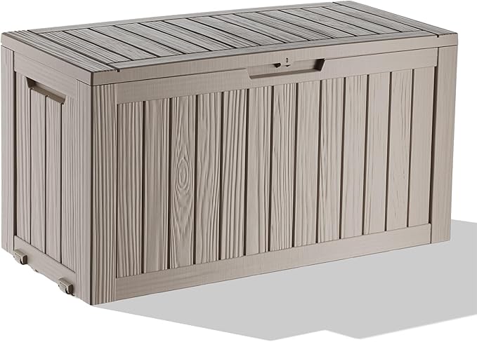 ROJIK 90 Gallon Waterproof Outdoor Deck Storage Box, Lockable Resin Patio Storage Bin with Lid for Garden Tools, Patio Cushions & Outdoor Accessories(Grey)