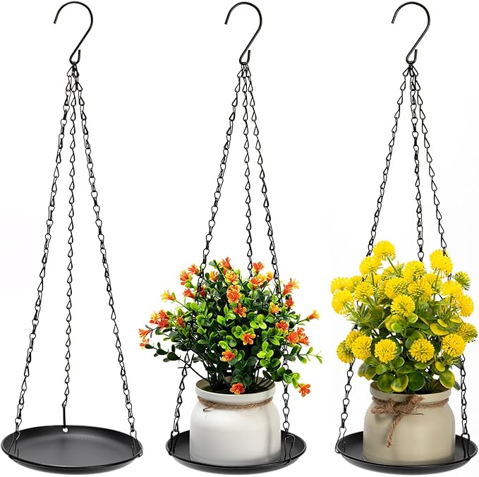 Heavy Duty Metal Hanging Planters for Indoor Plants - Black Plant Hanger with Sturdy Tray & Chains, Modern Boho Wall/Ceiling/Window Mounted Plant Basket (3/S, Three Chains Three Little Trays)