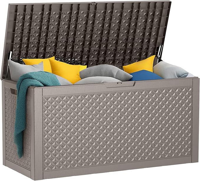 121 Gallon Resin Deck Box, Lockable Outdoor Storage Box for Patio Cushions Storage Furniture,Garden Tools, Pool Supplies, Weatherproof and UV Resistant (Grey)