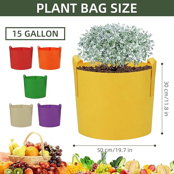 6 Pack 15 Gallon Grow Bags, Colorful Fabric Plant Pots with Handles, Garden 10 Gal Fabric Grow Pots, Vegetable Plant Growing Bags for Garden (15 Gallon)