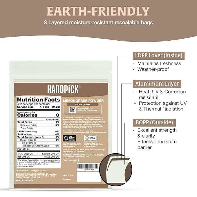 HANDPICK Lemongrass Powder (226g/8oz) Non GMO, Gluten Free, 100% Raw, Sourced from India, For Cooking, Smoothies, Tea, Packed in Resealable Ziplock Pouch